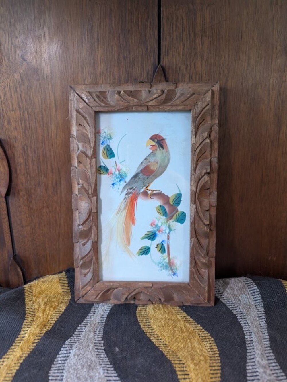 Vintage Bird Painting with Feather Embellishment
